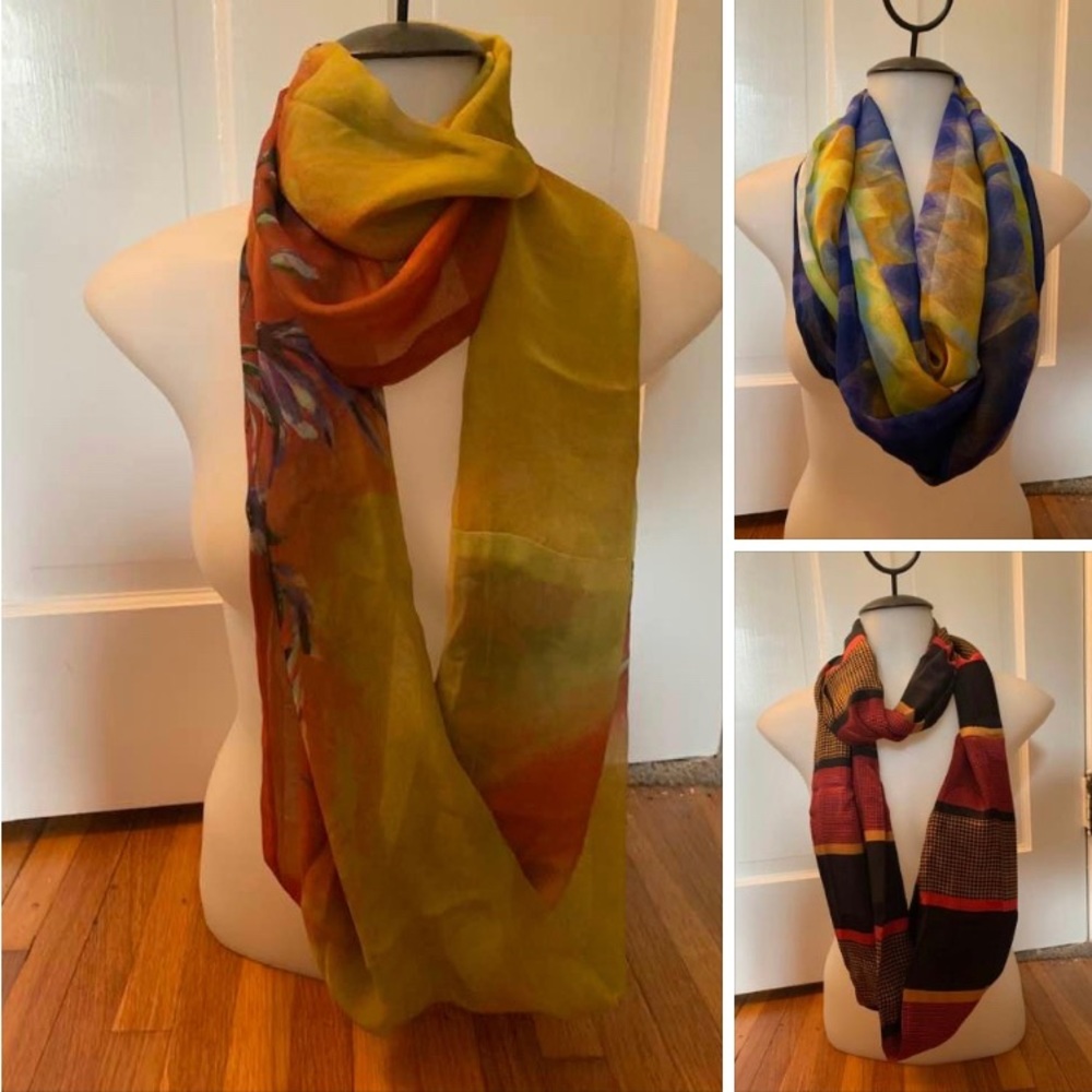 2 silk and 1 acrylic infinity scarves (gifts, never worn)